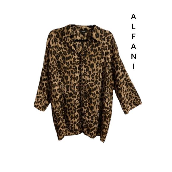 ALFANI Tunic Top Women's Size 12 Leopard Print 3/4 Sleeve Lightweight Button Up - Picture 1 of 7